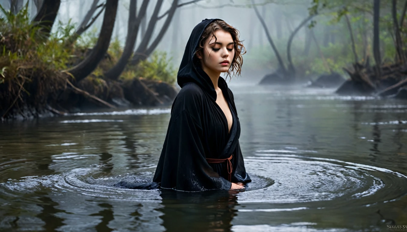 ((masterpiece, Fantasy,One eye closed,Black paint on eyelids and cheeks, Girl)), Brown wavy short hair, Black hooded robe,Heavy Robe,assassin, forest, Shallow water, fog