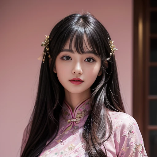 best quality, Delicate face，beautiful visual work, lifelike,  eternity, black hair, Long curly hair, blunt bangs, Smile, Detailed Background,  Delicate face，pink blush，cold，((masterpiece))、(top quality)、8k、high detail、Super detailed，21 years old female，Wearing Chinese cheongsam、Seductive and whimsical style、masterpiece、born、Scenes resembling fairy tale illustrations、Intricate details and complex designs、Beautifully、magic、capricious、 Beautifully、Dream aesthetics、「𝓡𝓸𝓶𝓪𝓷𝓽𝓲𝓬、ethereal、charming、fickle、magic」、Realism、Visual effects、FXAA、SSAO、Shaders、voiceless、ambient lighting、Tone mapping、High resolution、Ultra high quality、Million pixels、(8K resolution:1.10)、8k、Below 8K、8K resolution、high detail、intricate details， (high quality:1.2、masterpiece:1.2、:1.21)、(21 years old female:1.21)、(Smile excitedly)、(Surrounded by the dreamy atmosphere、Model diagram，full-body shot，Normal 2 feet，Don't show your fingers