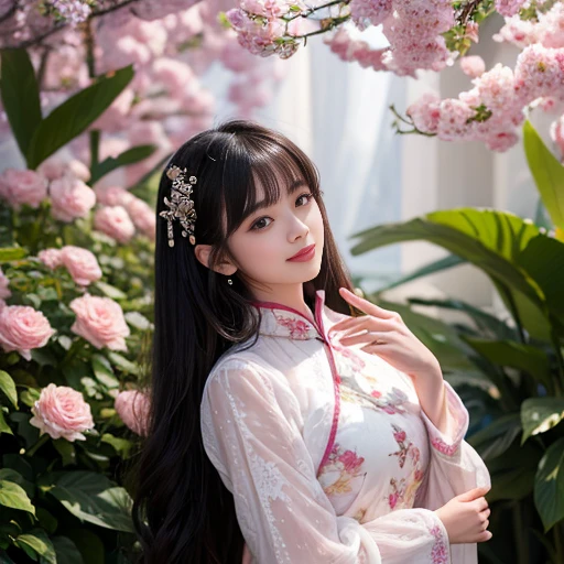 best quality, Delicate face,beautiful visual work, lifelike, eternity, black hair, Long curly hair, blunt bangs, Smile, Detailed Background, Delicate face,pink blush,cold,((masterpiece))、(top quality)、8k、high detail、Super detailed,21 years old female,Wearing Chinese cheongsam、Seductive and whimsical style、masterpiece、born、Scenes resembling fairy tale illustrations、Intricate details and complex designs、Beautifully、magic、capricious、 Beautifully、Dream aesthetics、「𝓡𝓸𝓶𝓪𝓷𝓽𝓲𝓬、ethereal、charming、fickle、magic」、Realism、Visual effects、FXAA、SSAO、Shaders、voiceless、ambient lighting、Tone mapping、High resolution、Ultra high quality、Million pixels、(8K resolution:1.10)、8k、Below 8K、8K resolution、high detail、intricate details, (high quality:1.2、masterpiece:1.2、:1.21)、(21 years old female:1.21)、(Smile excitedly)、(Surrounded by the dreamy atmosphere、Model diagram,full-body shot,Normal 2 feet,Don't show your fingers