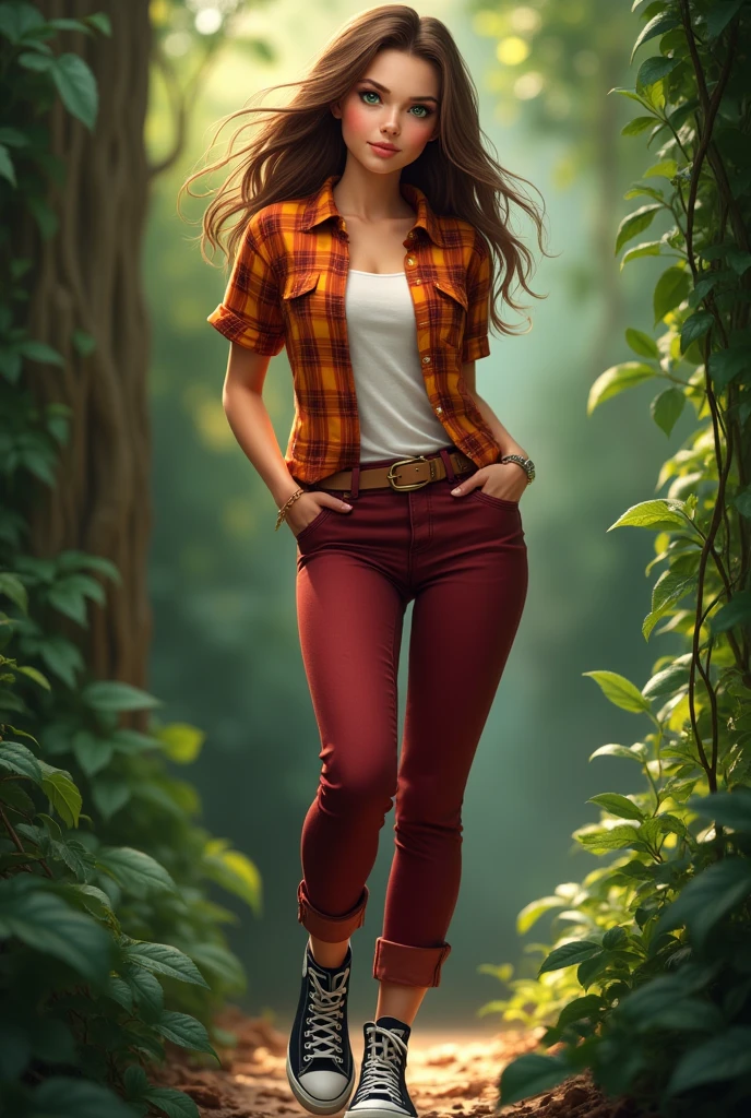 Beautiful realistic girl, brown hair, green eyes, a short-sleeve plaid button-up shirt in shades of orange, red, and yellow, white undershirt, dark red jeans, a light brown or tan belt with a simple buckle, black high top converse shoes, white socks, jungle background, vines, full body, butt, one leg in the air.