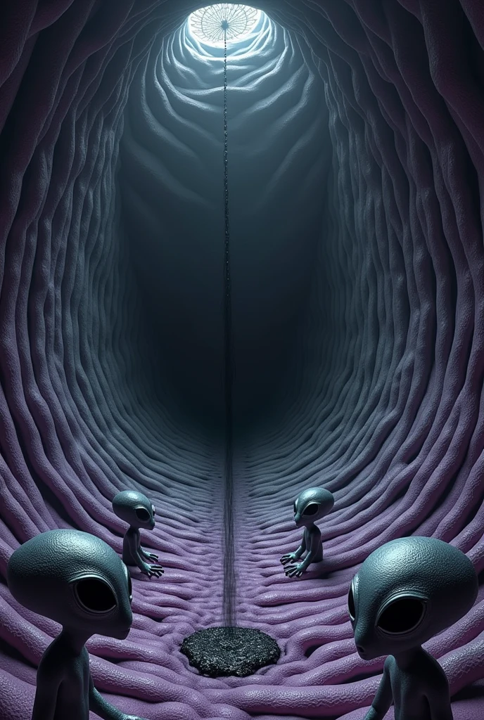 Photorealistic DMT psychedelic hallucination experience in dark tunnel made of thin fractal ring shaped modular layers, going in modular cone shape to a black mist in the center of void made of dark mist, ttthehe center of the void are  a gateway to darkness involved in dark mist, the ring shaped layers have a ondulated edges, all the layers have purple tones in the edge of the layers, and in the interior of layers dark gray tones, the layers have a little scales texture, out from the tunnel 3 big shadows of alien heads with black skin, the aliens stay around the tunnel, the 3 entities seems are made of shadow substance, the 3 alien entities have big almond shaped eyes, their eyes have a white outline with strange design made of medium size white lines, their eyes are black inside, only the top half of the alien heads is visible, the entities are looking to the center of the void, the shadows are visible from the top of they heads, the dark mist in the center of the void are absorbing a black plastic like slime coming from my heart, all the atmosphere is envolved in light dreamy mist
