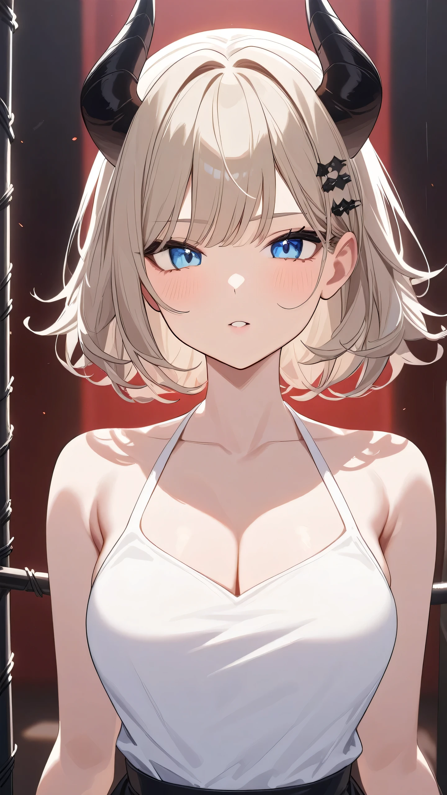 1 girl, Adult woman,  One, g0ld3mb, Air, (platinum blonde hair) hair, hime cut, (kawaii hair clips:1.2)    high quality, Best quality, A high resolution, high detail, (Airen aura magic), hair uplifted, horns,Beautiful young gray-haired woman with piercing red and blue eyes, half smile with full lips, black nails, barbed wire everywhere(rolled black barbed wire),read with your eyes,Blue eyes, (Different eyes), (heterochromia)