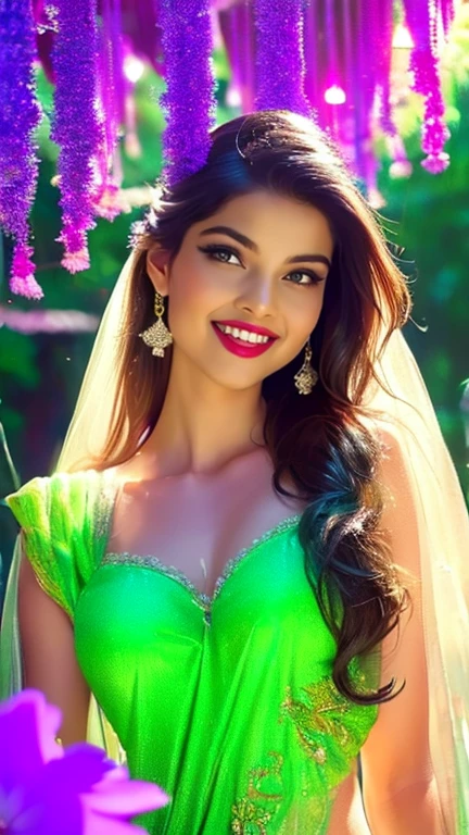 (a beautiful woman in a stunning bra and panty of flowing silk with a radiant smile and captivating eyes),vibrant colors,highres,ultra-detailed,sharp focus,soft lighting,realistic,fantasy-inspired,portraits,subtle color palette,ethereal glow,fairytale,graceful,pastel shades,enchanted garden,lovely flowers,twinkling lights,whimsical ambiance