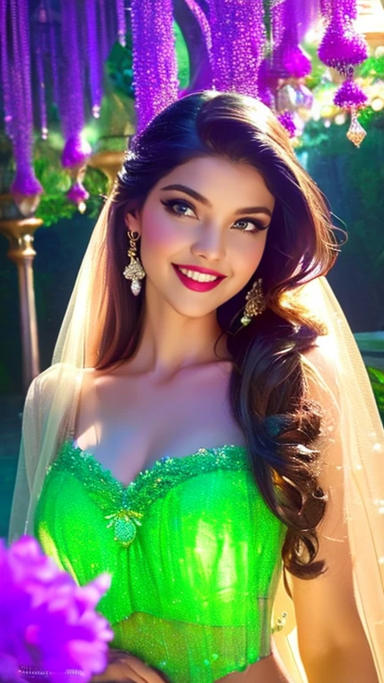 (a beautiful woman in a stunning bra and panty of flowing silk with a radiant smile and captivating eyes),vibrant colors,highres,ultra-detailed,sharp focus,soft lighting,realistic,fantasy-inspired,portraits,subtle color palette,ethereal glow,fairytale,graceful,pastel shades,enchanted garden,lovely flowers,twinkling lights,whimsical ambiance