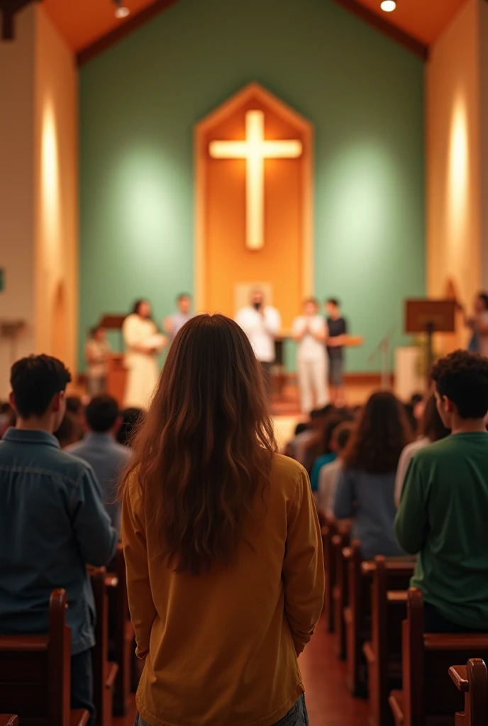 young Christians worshiping God, in a church where there is a stage with a gospel music band. the place is beautiful and cozy. the colors of the environment are: green vintage, sand and orange.