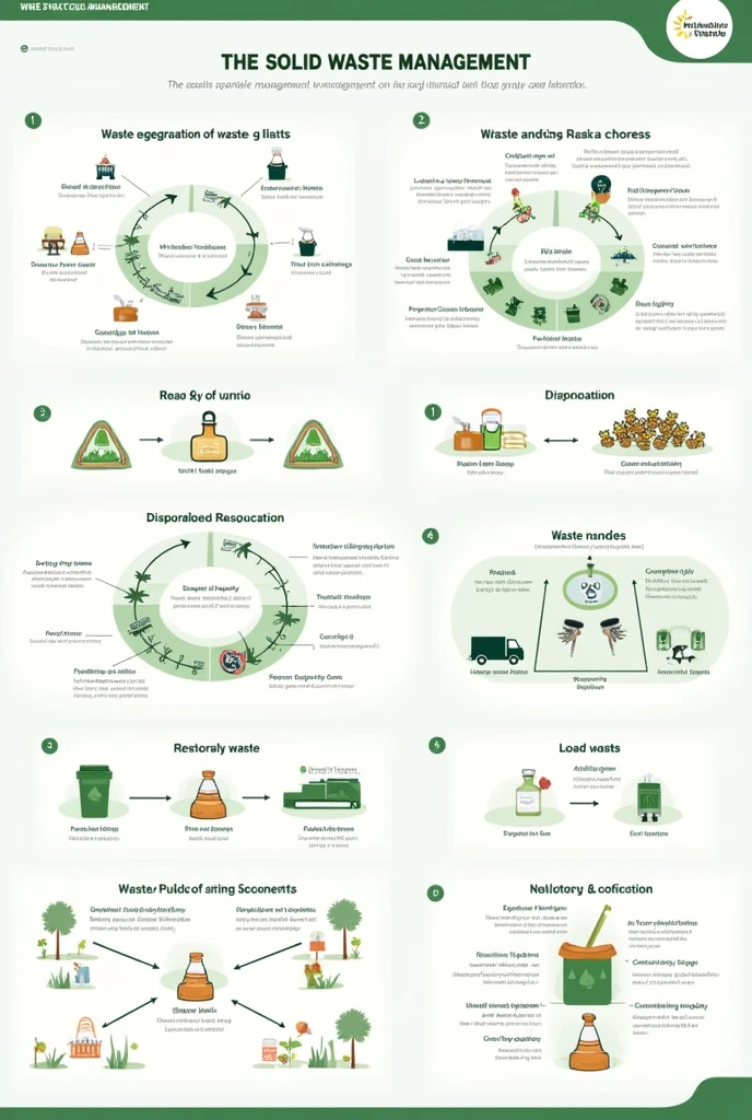 Solid Waste Segregation and Types of Waste": An illustration showing different types of waste such as kitchen waste (peels), medical waste (cotton, expired medicines), and dry waste (bottles, cans). Each type is represented in a separate section with icons or images of the waste items and appropriate disposal methods."Lifecycle of Waste Management": A diagram that illustrates the entire lifecycle of solid waste management, from waste generation (household and industrial) to collection, segregation, treatment (composting, recycling, incineration), and final disposal in landfills. Include visuals for each stage, highlighting the journey of waste through different processes."Impact of Improper Waste Disposal": A visual representation of the negative impacts of improper waste disposal, such as pollution (air, water, soil), health hazards, and environmental degradation. The image could show a contrast between a polluted environment with waste scattered and a clean environment with properly managed waste.