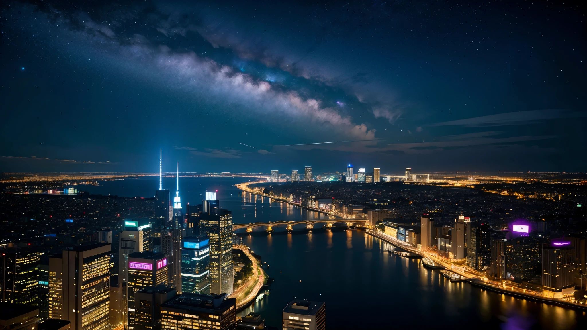 Wonderful landscape、Highest quality、Cityscape、Including sky、Starry Sky、night、Big Moon、Moonlit cityscape、building、There are no people, Makoto Shinkai's Worldview, 8K quality, Neon glows, Breathtakingly beautiful scenery,