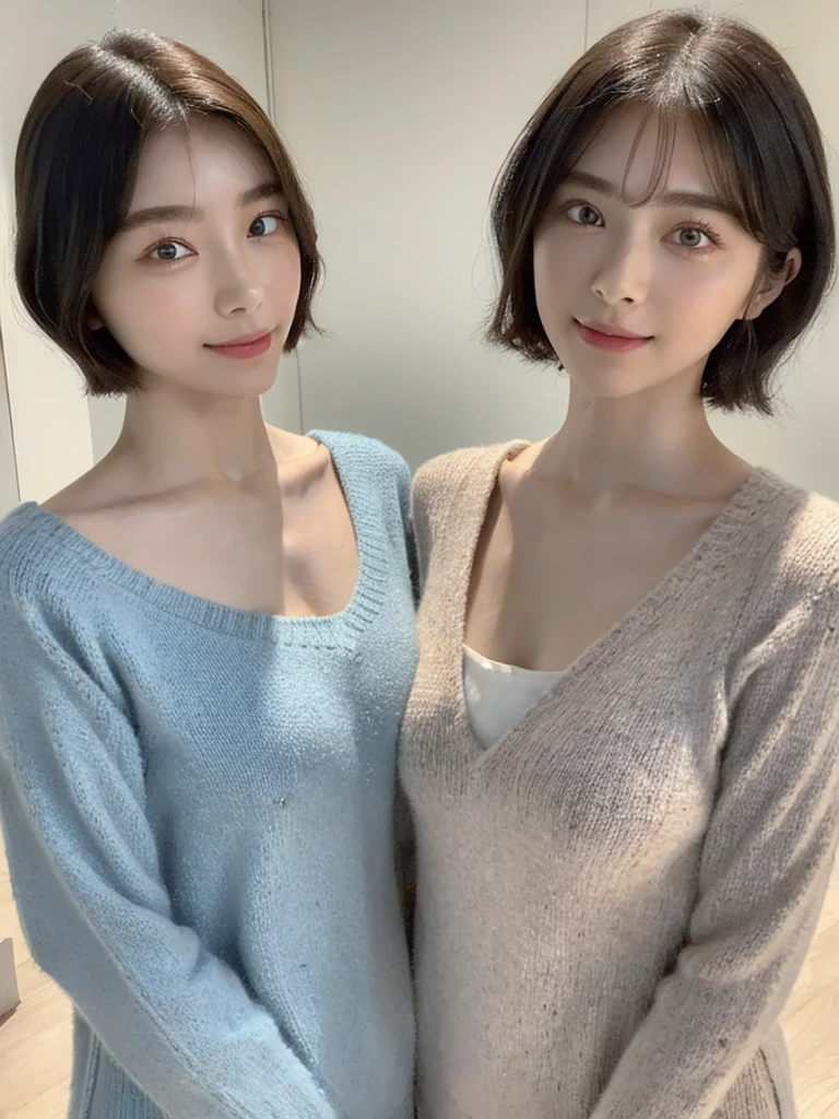 (masterpiece:1.3), (8k, Photoreal, Raw photo, best image quality: 1.4), Japanese high school girl、(random hairstyle:1.2)、cleavage:1.5、super detail face、eye for details、double eyelid、chest to chest、sharp focus:1.2、Beautiful woman:1.4、light brown hair、highest quality、masterpiece、超A high resolution、(Photoreal:1.4)、Highly detailed and professionally lit smiles、loose and light knitwear、shoulder out、thin、serious expression、short haired、deadly position
similar identical twins
All the girls have the exact same face, The two have the same face and figure, as if they were mirror images.