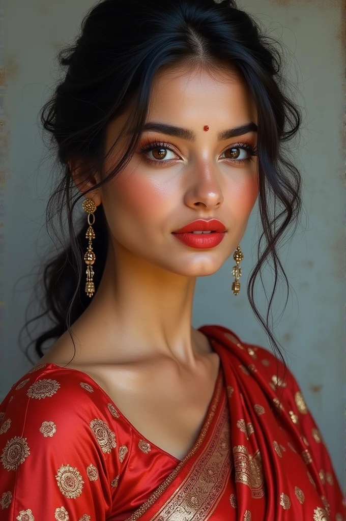 perfect pink eyes, fantastic face, Indian, beautiful look, ((red lips, bright eyes, curve heir 1.5)), ((beautiful details very big breast )), (Straight round and ultra huge clevage, not sagging breast), A glorious gorgeous, glorious gorgeous face, pretty face, bright eyes, detailed elegant printed red saree, updo elegant hair, blurred gray tones background, ultra focus, face ilumined, face detailed, 8k resolution, painted, dry brush, brush strokes, razumov style and garmash style, by Tokaito, ((Full Open ))
INFO