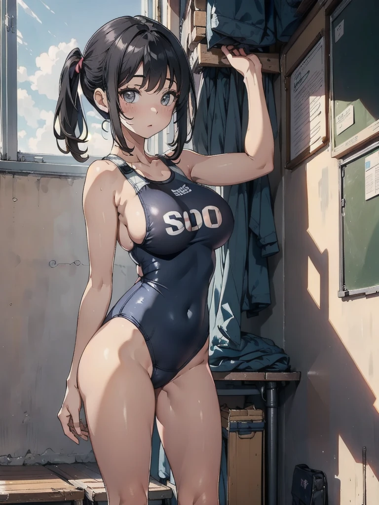 A woman in a school swimsuit poses for a photo、Perfect Proportions、Young girl、 and large areolas、Boortions,B hair pigtails、(solo:1.6)