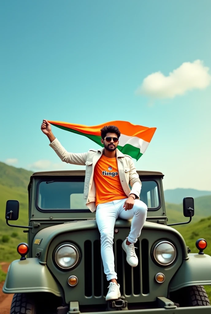 Create an Real image featuring a young man sitting on the hood of army truck, with Indian's scenic background. He's holding a flag celebrating Indian 15th August. The boy wears a tirnga T-shirt with 'soumyadip' printed on it, white jacket, white pants, white shoes and sunglasses."