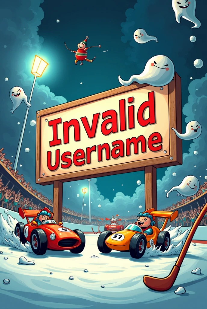 Cartoon sign that reads “InvalidUsername” surrounded by race cars, ghosts, and hockey.