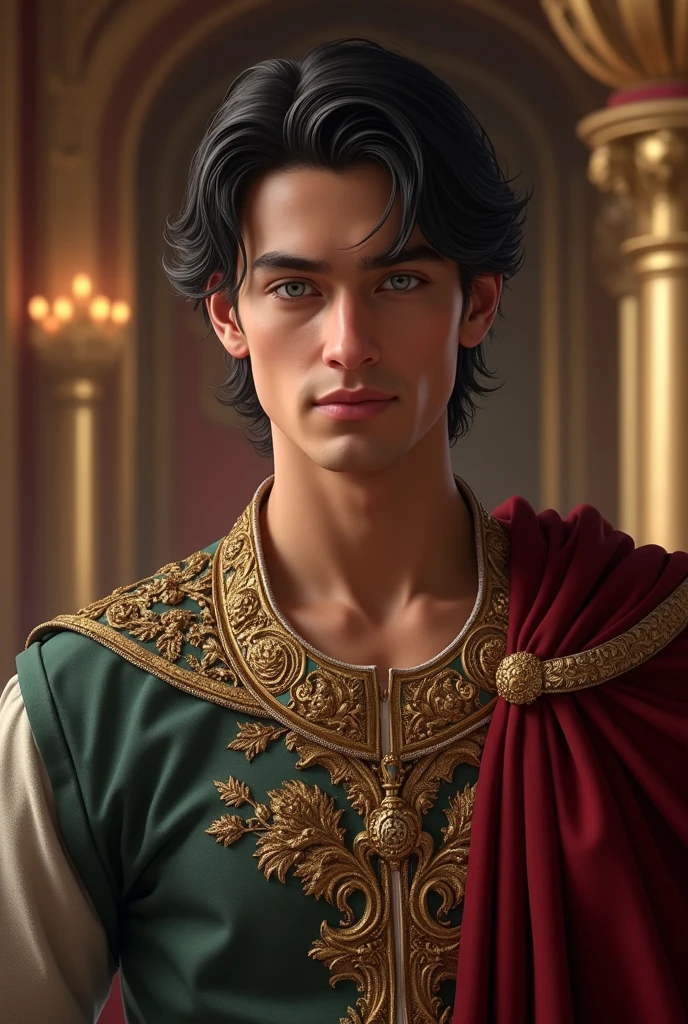 Create an image of a handsome young king:
- **face:** Well defined with high cheekbones and strong jaw. White and radiant skin.
- **eyes:** intense and expressive, in deep blue, emerald green or warm brown.
- **hair:** abundant, in jet black, slightly wavy or groomed.
- **body:** athletic, Raised, with broad shoulders and a slender waist.
- **outfit:** Silk or velvet tunic in rich colors, adorned with gold or silver details.
- **Expression:** Serene and charming, reflecting confidence and dignity.