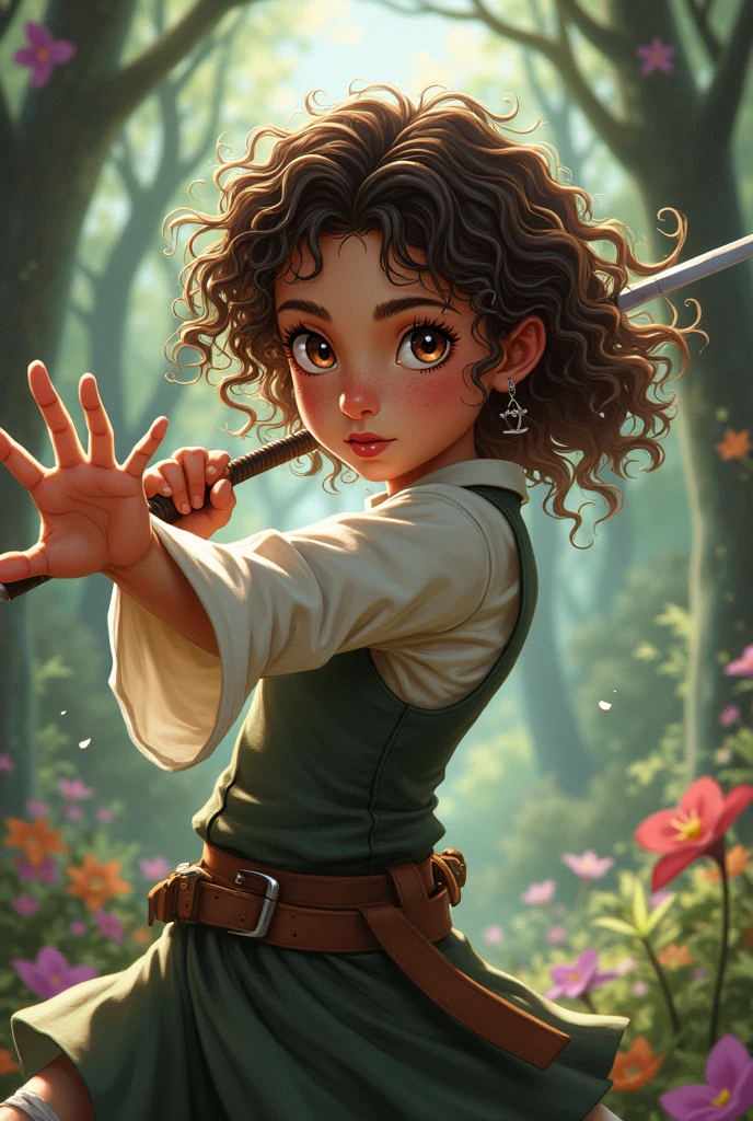 Crie a Charlotte, a 12 year old girl, genius in hand-to-hand combat, with curly hair, brunette skin, brown skin, freckles, brown heterochromia, perfect smile and dimples in his chin, besides a turned-up nose, and slanted eyes Fantasy book style