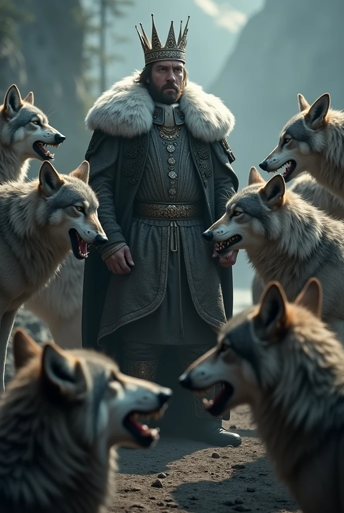 I want to create a scene of wolves attacking a king
