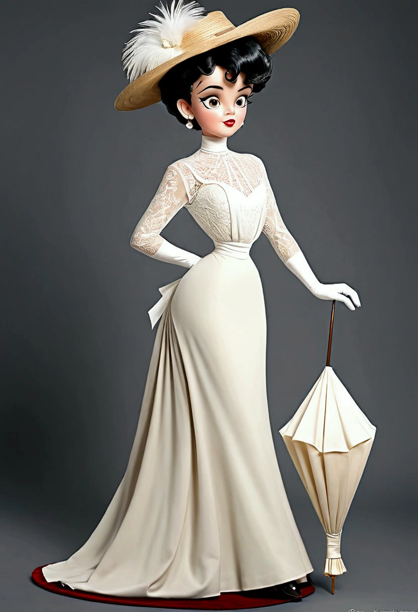 Betty Boop as a gorgeous stylish 14yo brunette teenage Gibson Girl wearing her white bridal gown. Year 1906. Edwardian high-neck long sleeve dress. Sheer top. Ornate wide-brimmed picture hat with a veiled front fully topped with flowers and feathers. Gloves in both hands. Sash tied around her waist. Floor-length skirt. Boots. 40-20-40 hourglass figure. Large bubble butt sticking out. S-bend corset. Brunette Gibson Girl updo with split curls. Big blue eyes, pouty red lips. Full body. Delicately holding on a parasol with one hand, pinky finger raised. Large elegant room