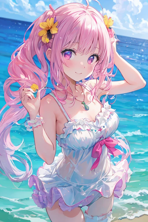a beautiful girl in a frilly white swimsuit, mismatched eyes (right eye is pink, left eye is yellow), thin pink hair in twin tails, wearing a floatie, in the ocean, small bust, anime style, smiling and playing in the water, (best quality,4k,8k,highres,masterpiece:1.2),ultra-detailed,(realistic,photorealistic,photo-realistic:1.37)