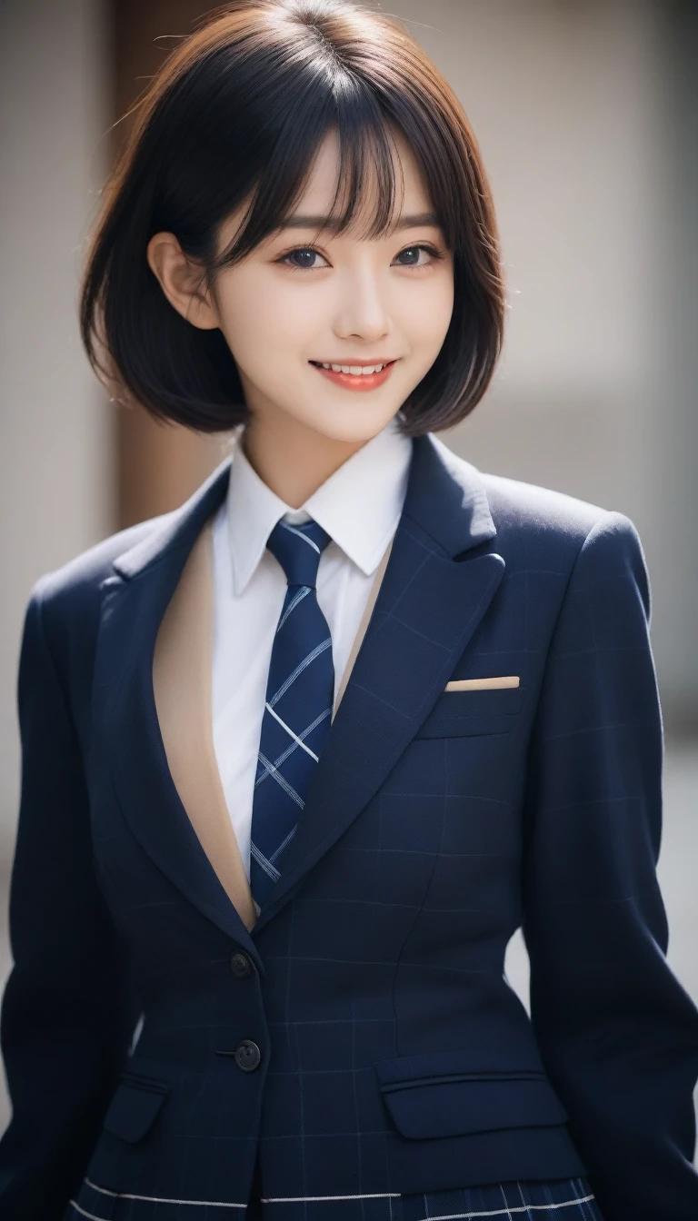 8k, Ultra-high resolution, Highest quality, masterpiece, 三分割法によるphotograph,Surreal, photograph, 1 Girl, (:1.3), pretty girl, Cute Face, Beautiful eyes in every detail, 細かくdetailedに,masterpiece,One Girl:1.2,Japanese female announcer,cowboy shot,smile,Black hair,Bowl cut, Natural skin texture,((very small head:1.3)),Gorgeous eyes,smile,((Toned body,Slender body,skinny)),(school uniform、Dark blue blazer jacket、Navy blue tie、Grey plaid pleated mini skirt,loafers),Glowing Skin,Glowing Skin,Full of sexiness,smile,Heal the heart、Laugh a little、Please close your mouth and laugh、(((Ideal body type))),A-cup small breasts :2,、Portraiture:2、Perfect Anatomy、Vividly detailed、detailed、surrea と 1 boyl、Light and shadow,spotlight