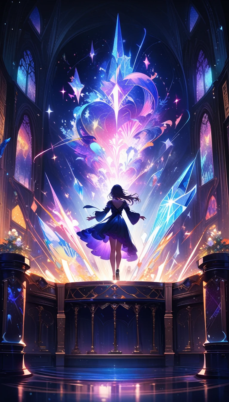 A girl is dancing acrobatically in the starry sky, surrounded by constellations, on black background, white stars and lines forming constellations around her silhouette, light art installation style, high resolution, dreamy effect, fantastic scenery, minimalist design. --ar 3:4 --niji 6, A vibrant, detailed digital painting of an enchanted room filled with magical blue and purple crystal objects, tarot cards, amulets, runes on the walls, shelves, tables, couches, windows, magical artifacts like glowing crystals, ornate wooden furniture. The color scheme is vivid and striking, creating a dreamy atmosphere. colorful illustrations, highly detailed, high resolution, natural lighting, sharp focus, highly detailed illustration, high definition, in the style of octane rendering, hyper realistic. --ar 3:4 --niji 6, ((32k)), ((best quality)), ((ultra high res)), ((HDR)), ((UHD)), ((extremely detailed CG)), ((unity 32k wallpaper)), ((illustration)), 