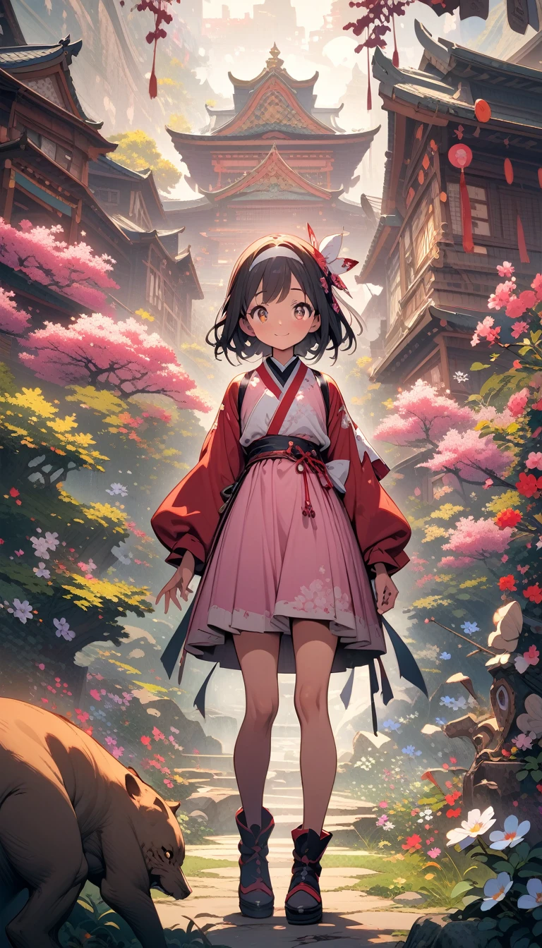 ((best quality)) , ((masterpiece)) , (detailed),Sakura, wearing a red long sleeved shirt with a white headband and pink skirt, smiles with an exquisite facial features and sparkling eyes. She poses for a full body portrait in a fantasy garden background with sunlight shining on her face. The anime style Japanese illustration includes colorful details and delicate textures in a high resolution. The style is reminiscent of exquisite Japanese illustrations.