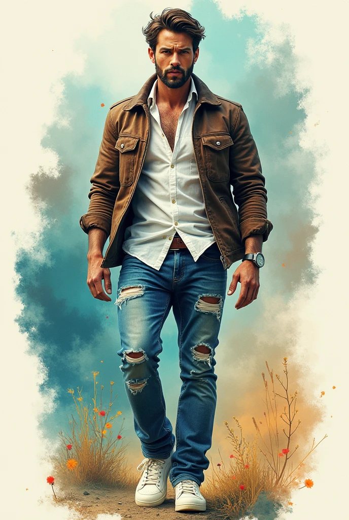 Male with leather jacket white shirt white shies and patched blue denim watercolor are