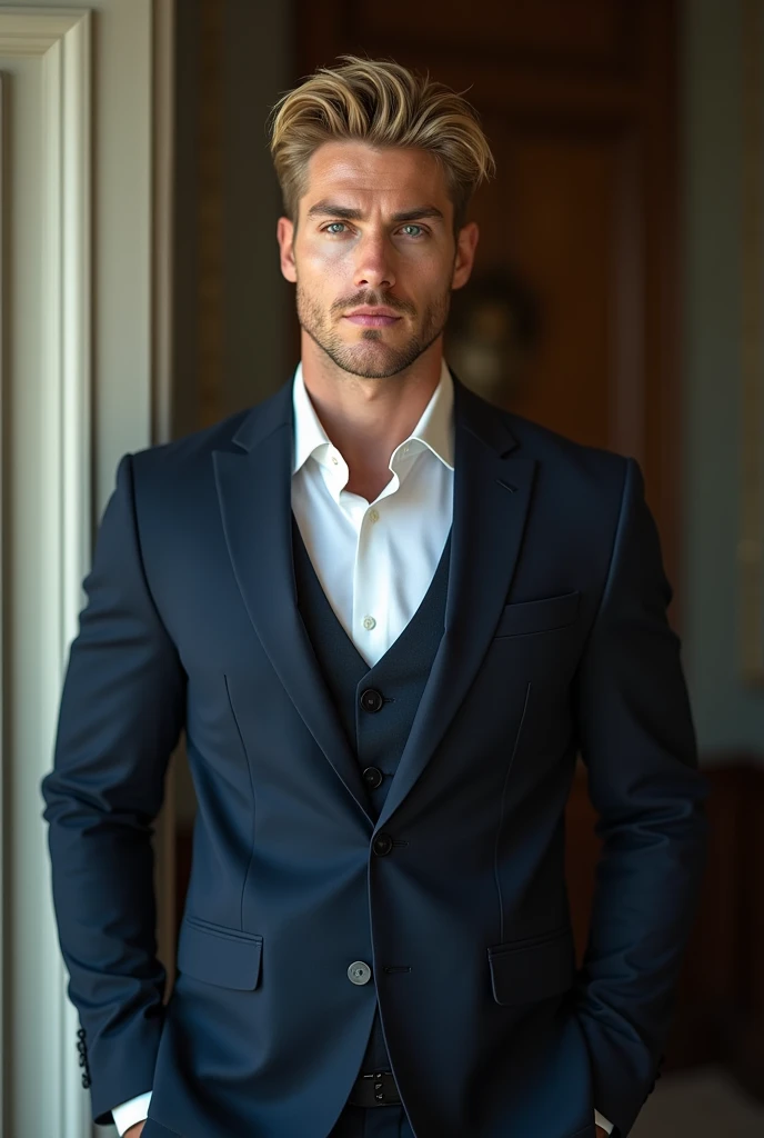 28 year old man white skin, green eyes, blond hair, muscular and in a suit
