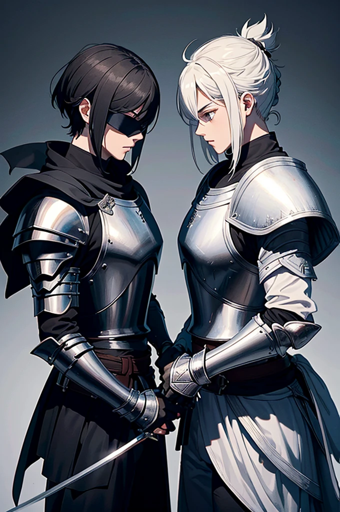 2 knights drawing their swords in a duel, one in white armor and the other in black armor