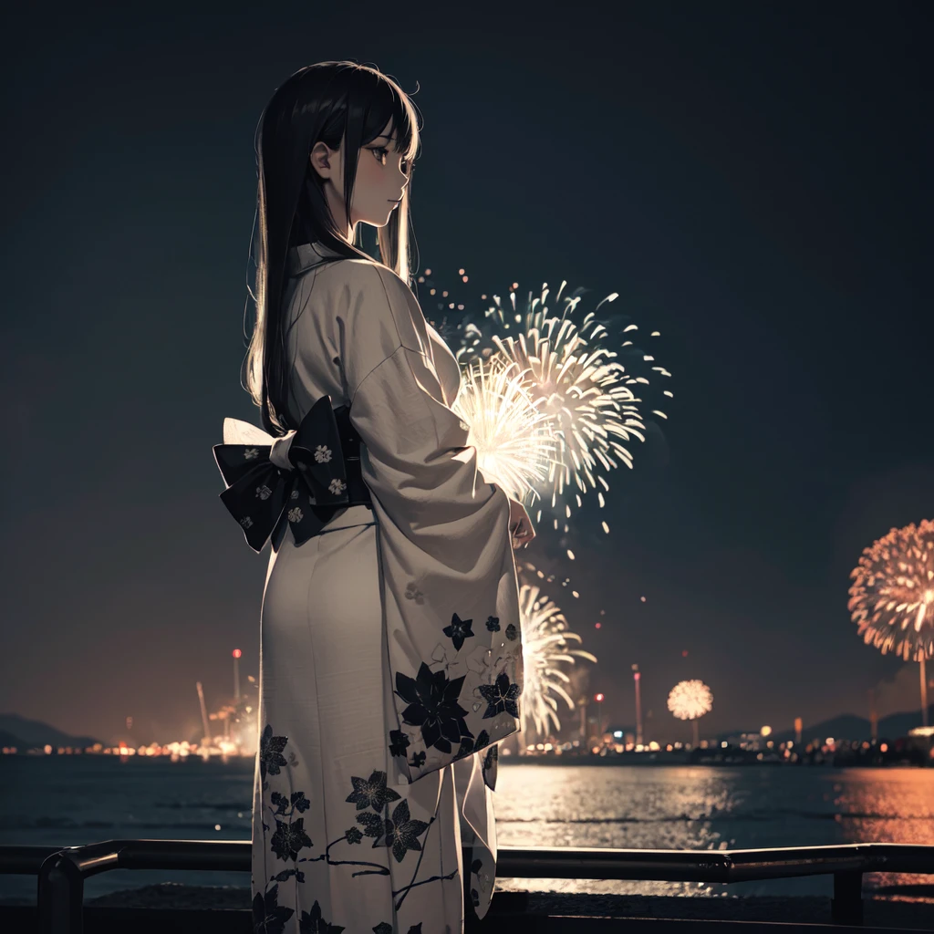 Monochrome illustration,1Girl,20 years old,long hair,yukata,sexy,Fireworks display,Backlight,masterpiece, best quality, very aesthetic, absurdres,