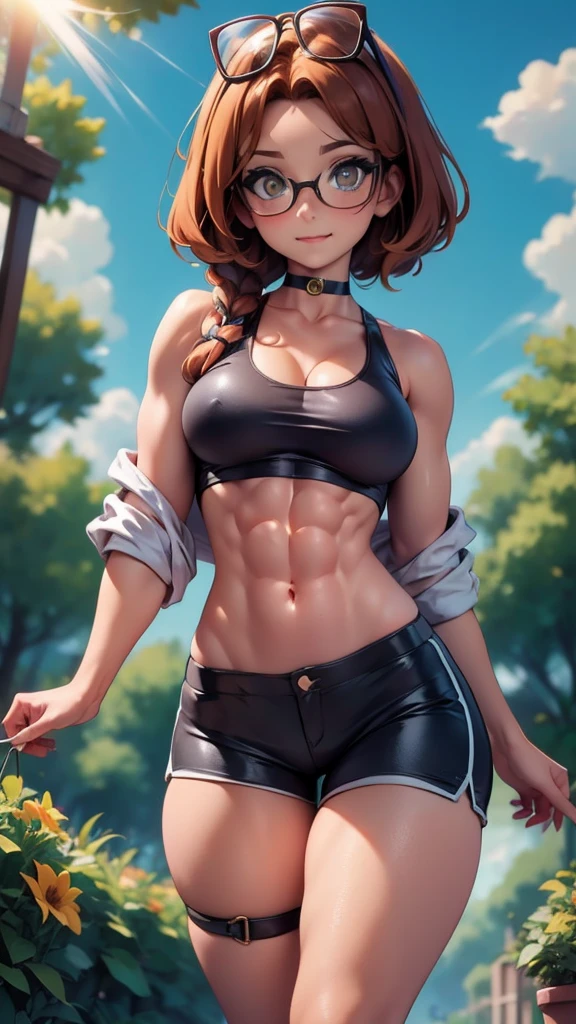 masterpiece, best quality, ultra detailed, 1 girl, ((((best quality)))), smiling, planting flowers, detailed colorful flowers, watering flowers, beautiful detailed sky, (((beautiful detailed cumulonimbus clouds))), ((((sunlight)))), looking at flowers, (spoken heart), heart, sweat, beautiful detailed water, teeth, ((narrow eyes)), ,(villain_racer:1.3), eyelashes, belly button, (glasses on head:1.3), fishnet stockings, fishnet pantyhose, gloves, (((defined abs muscle))), (((crop top))), choker, hair ornament, thigh strap, arm strap, stockings, (((unbuttoned shorts))), collarbone, (((hyper quality 32k))),