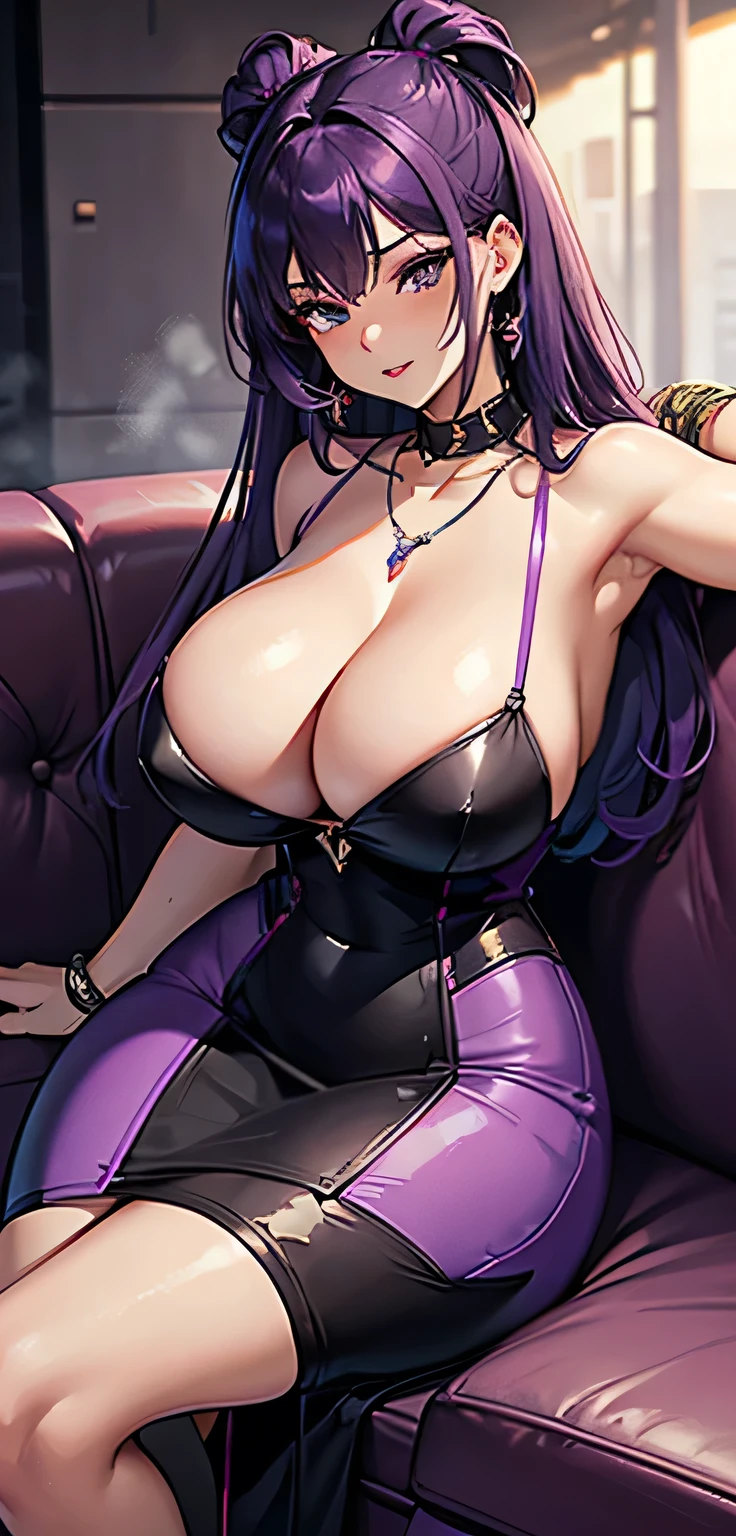 High detailed, 4k quality, stunning 23 years old female, purple hair, random hairstyle, necklace and piercing, wearing Erotic Bodycon Dress: Hugging your curves with strappy heels, ultra huge breast, long cleavage, sitting on the couch, curvy body, playful expression, street background
