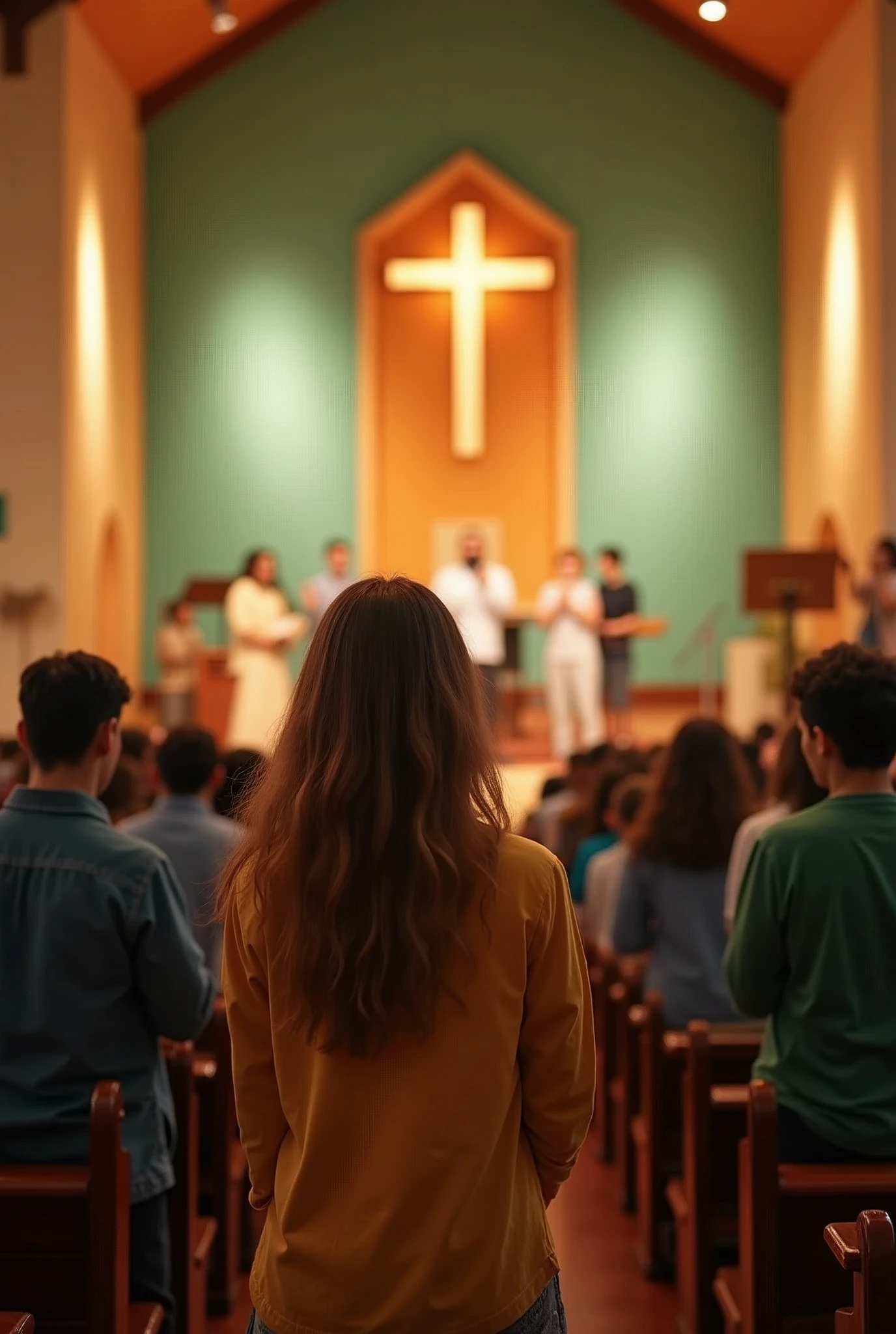 young Christians worshiping God, in a church where there is a stage with a gospel music band. the place is beautiful and cozy. the colors of the environment are: green vintage, sand and orange. 