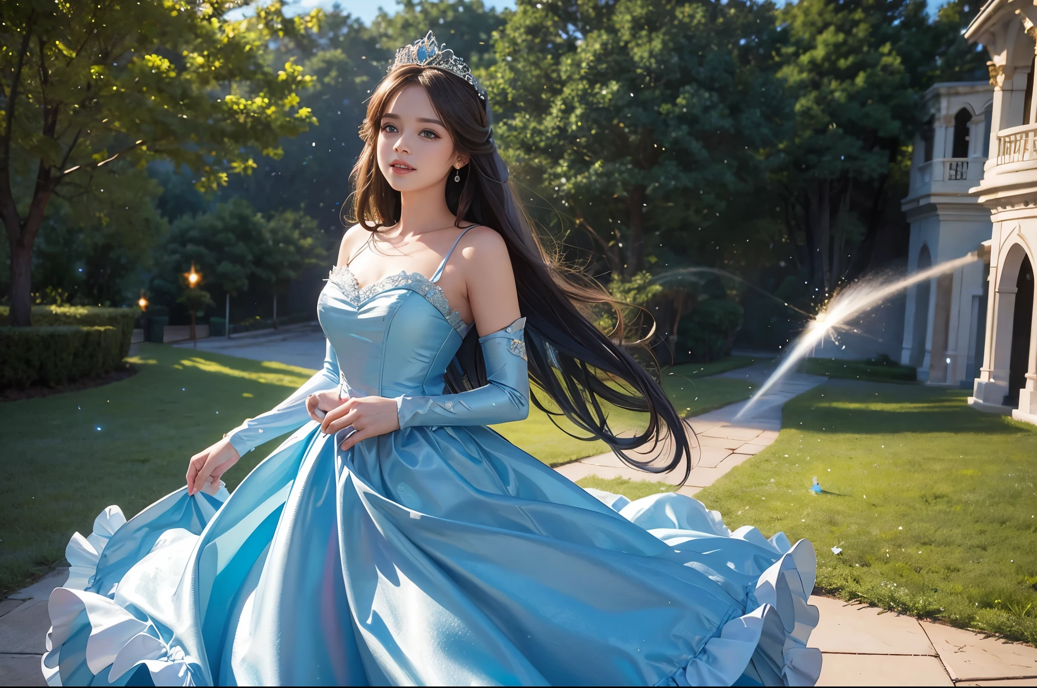 best quality, masterpiece, 1 girl, Very pretty, Disney's Cinderella, long hair, A huge laugh, cute teen, shiny lips, sweet, sun glare, Conservative attire, Blue dress, Bridal Tiara, depth of field, blurred background, Ballroom background, light particles, strong wind, head tilt