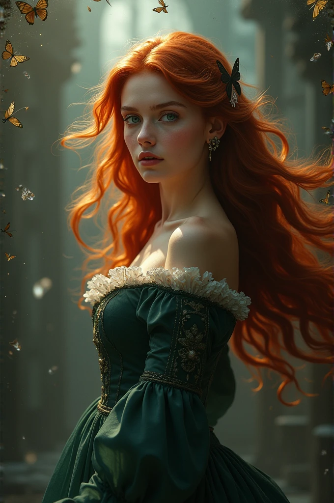 (solo, full body photo:1.3), (action packed:1.3), (haze, fog, mist:1.3), chiaroscuro, best quality, photorealistic, 1woman, (cute), (24yo:1.2), redhead, long ginger hair highly detailed, 1700'S, digital photography, art by artgerm and ruan jia and greg rutkowski surreal painting gold butterfly filigree, broken glass, (masterpiece, sidelighting, finely detailed Fashionable eyes: 1.2) (perfect oval large eyes that gazes at the viewer), beautiful detailed face, blue gorgeous perfect eyes, (blonde hair ponytail), (attractive young woman:1.3), (thick amazing hair), (seductive:1.1), (blushing:1.1)
