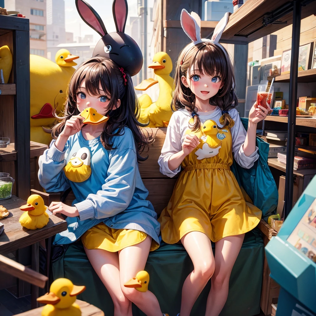 ((best quality)), ((masterpiece)), (detailed), Cute girl and boy, girl wearing a duck onsie, a girl holding a duck, a boy wearing rabbit onsie, boy holding a rabbit, 3D,