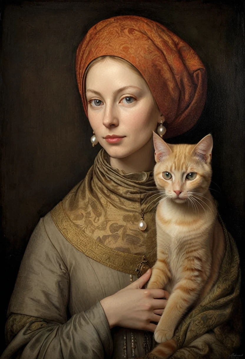 painting of a Woman with a cat in her arms, realistic renaissance portrait, in high renaissance style, in renaissance style, Woman and cat, renaissance portrait, in renaissance style, Woman / cat hybrid, cat with pearl earring, inspired by Jan van Eyck, obra-prima anthropo retrato, cat portrait, inspired by Hubert van Eyck, medieval portrait