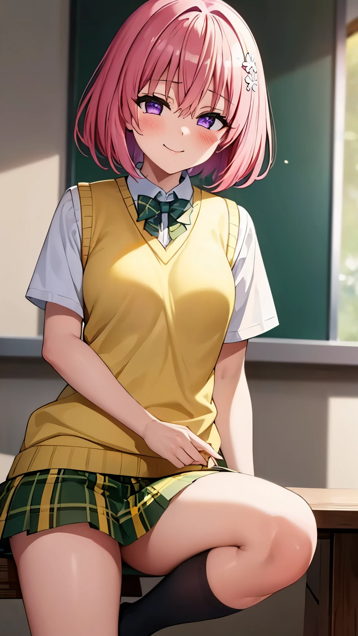 8k,Highest,quality,(highest quality:1.1), (masterpiece:1.4), (Confused:1.0),
1 girl, Momo Deviluke, hair ornaments, Bobcut, Short Hair Pink Hair, Purple eyes, Medium chest, green skirt, Plaid, Plaid skirt, sainan high school uniform, skirt, Sweater vest, Knee socks, (Yellow Sweater:1.5), Short sleeve,classroom, (blush:1.2), smile,(Perfect Fingers),mesugaki,