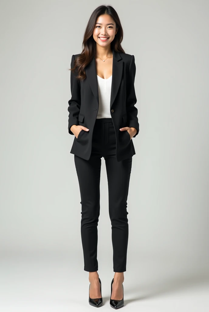 Create an 18-year-old Asian businesswoman, standing and showing agility and energy. She is smiling with a cute and charming face. The image is full-body, and she is dressed in a stylish blazer that is slightly revealing, wearing high heels. The overall appearance is youthful, vibrant, and successful
