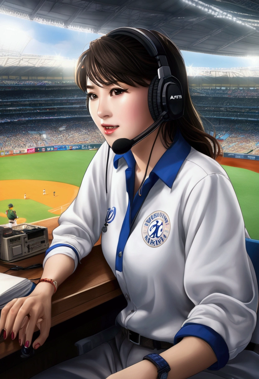 (((photograph、Realistic)))Woman sitting at a desk in front of a microphone, instagramart, Shinhanga, baseball stadium during a game, bright atmosphere, Tokyo Dome, covered!!, official media, toriyama akira, lightning!! (((photo, Photorealism))) Adult video poster layout, (((on-screen text: "The current female announcer of that famous baseball team makes a shocking AV debut!!"))), (((DVD mark, Blu-ray mark))).