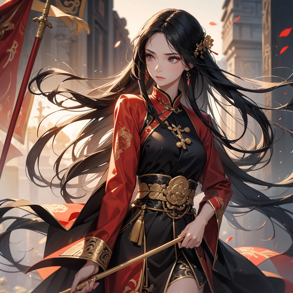A beautiful woman with long black hair, wearing a hairpin, wearing an ancient Chinese general's outfit, holding a long spear, on the battlefield, close up.