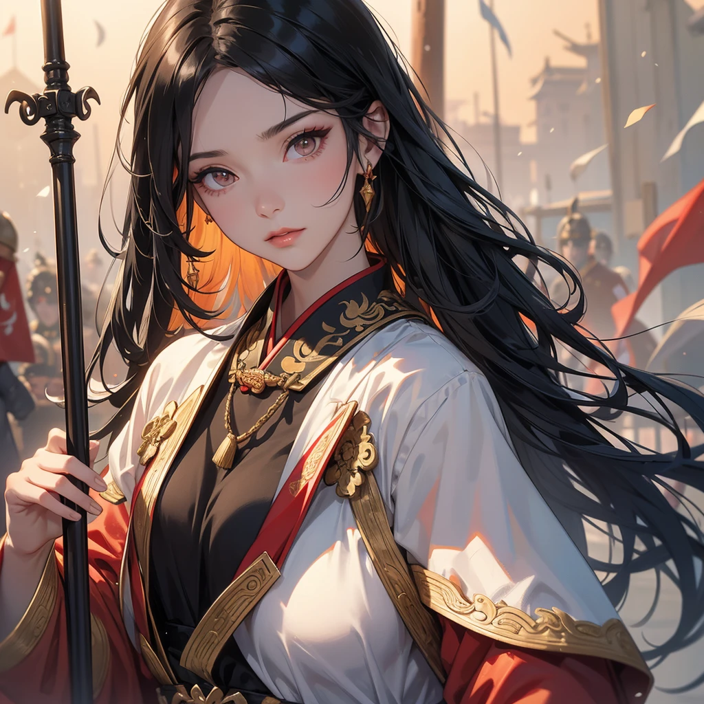 A beautiful woman with long black hair, wearing a hairpin, wearing an ancient Chinese general's outfit, holding a long spear, on the battlefield, close up.
