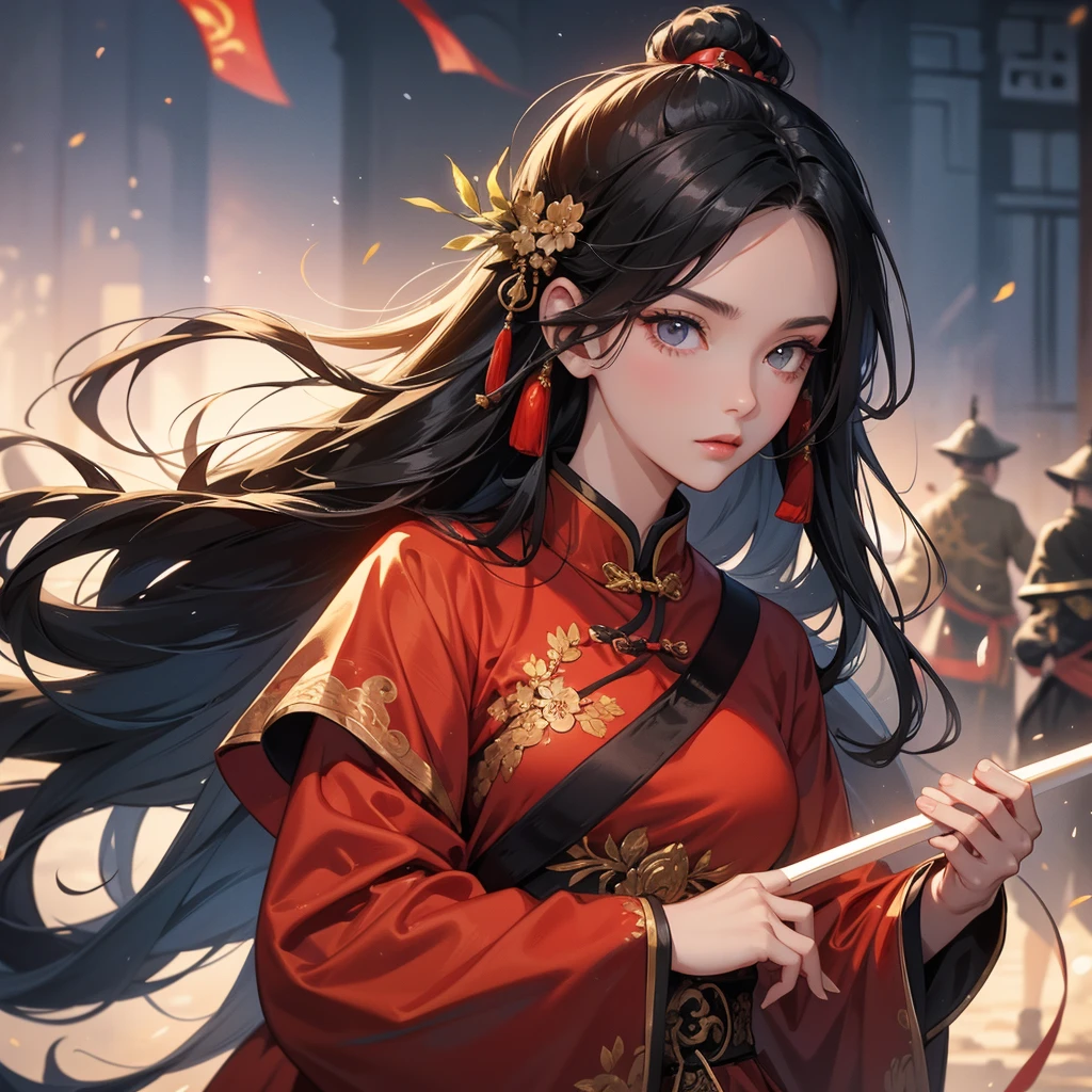 A beautiful woman with long black hair, wearing a hairpin, wearing an ancient Chinese general's outfit, holding a long spear, on the battlefield, close up.