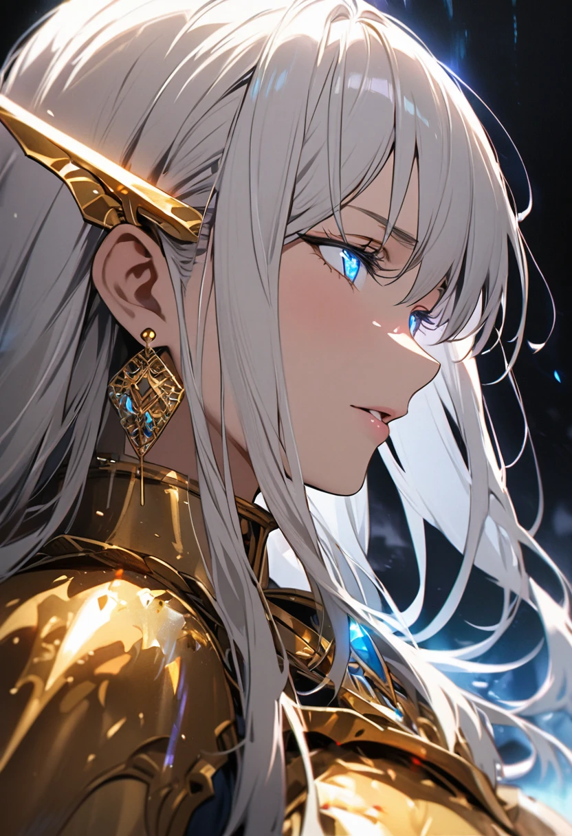 girl, blue eyes, long hair, white hair, mature, diamond earings, beautiful, holo, light aura, glowing eyes, golden armor, macro picture, half eyes