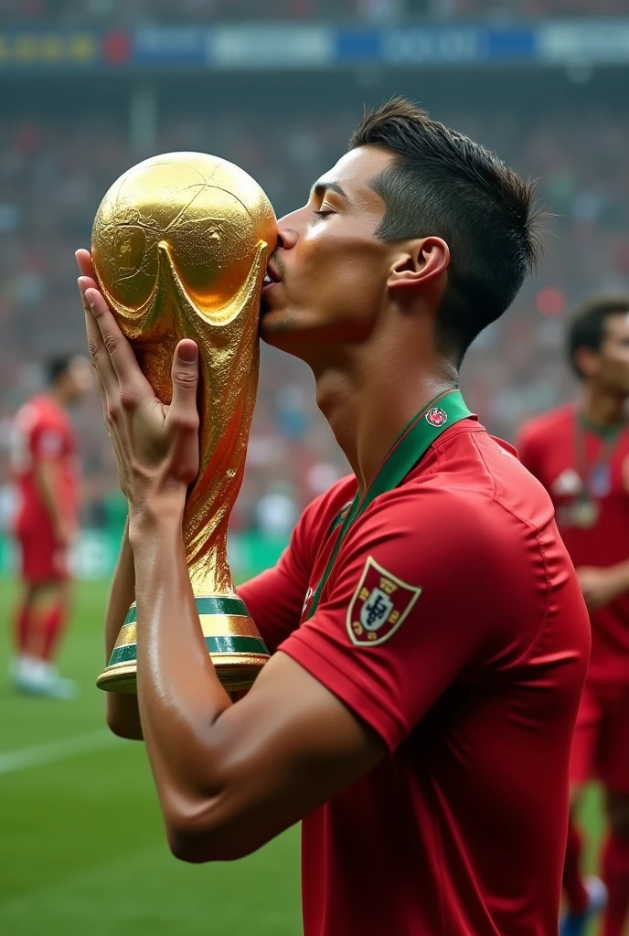Cristiano Ronaldo kissing a world cup