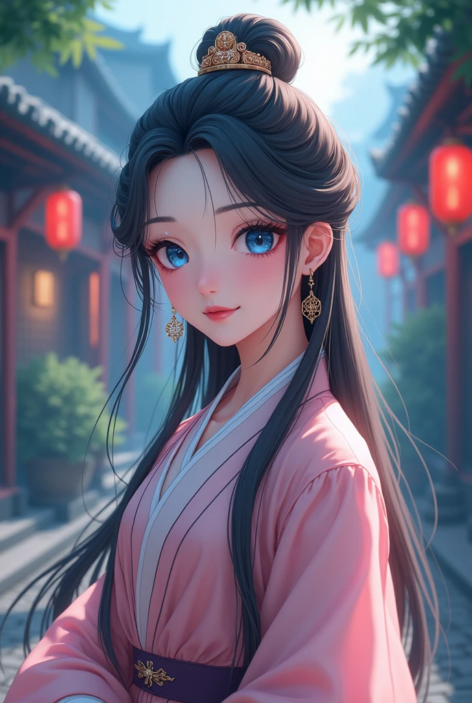 (Highest quality、 8k 、masterpiece、High resolution)、(Chinese Drama、Changgexing、Li Changge、Dililaba)、Tang Dynasty、Changan、1 Female、Beautiful young person、blue eyes、Pretty lips、(Anime Art)、A single tear、Light colored long hair、Light pink Hanfu、Twilight Forest、古いChanganの街並み、Official Art、Detailed CG、