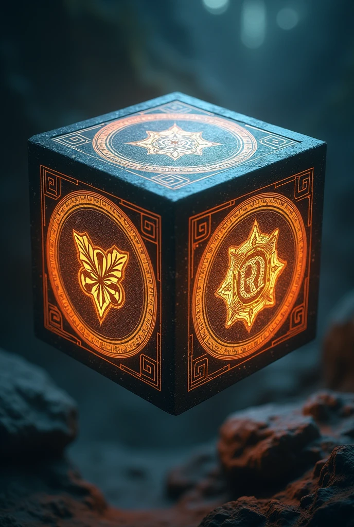 Magical cube, each four side has Greek symbol of Body, Mind, Soul, Magic