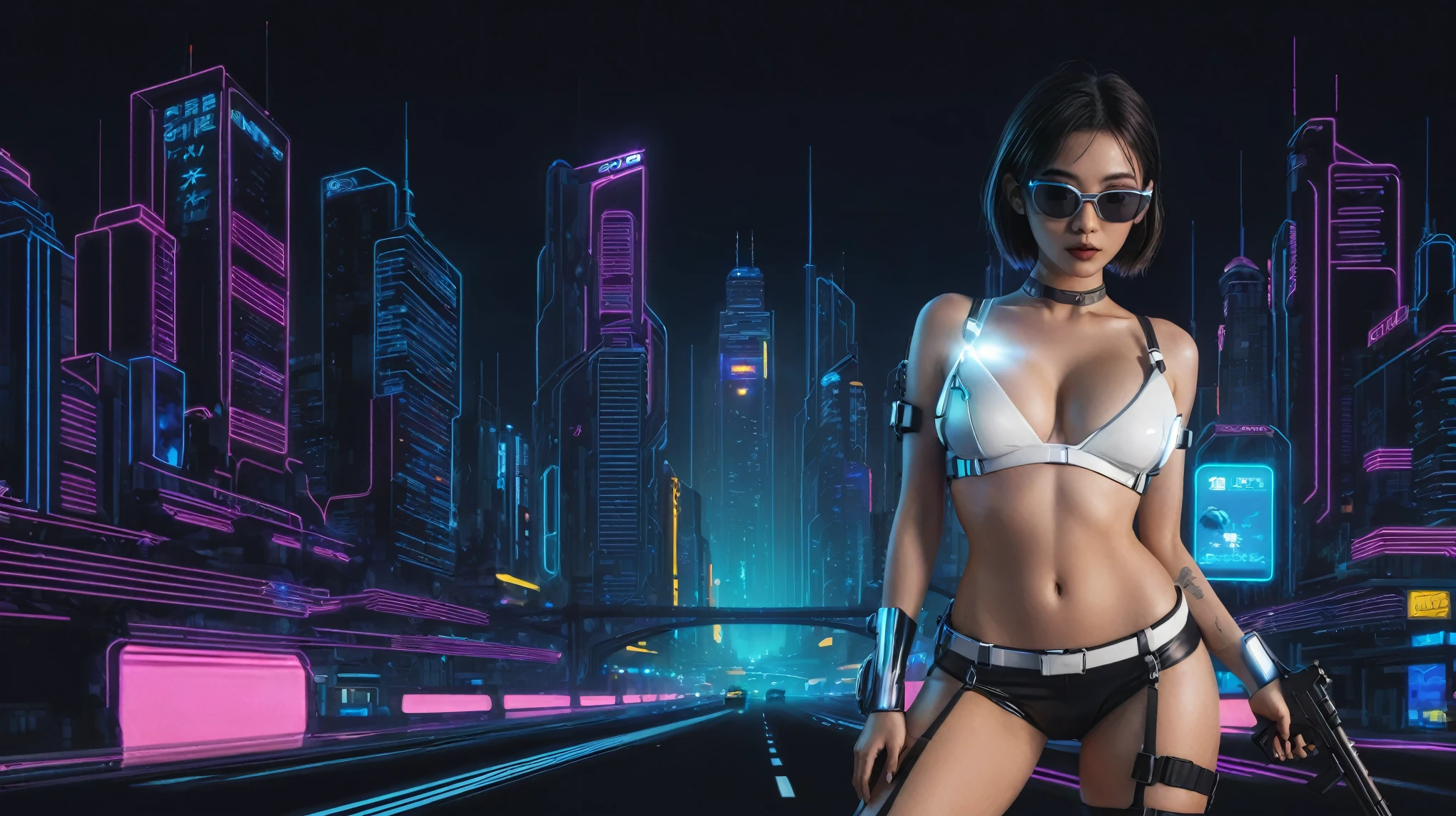 At night, simple outlined cyberpunk city, flying cars, line art background. (1girl, solo), photo realistic, medium-breast:1.3 slim body, cleavage, sling top, miniskirt, black sunglasses, holding a short gun, half-body thigh level medium shot, cinematic lighting, ray tracing.