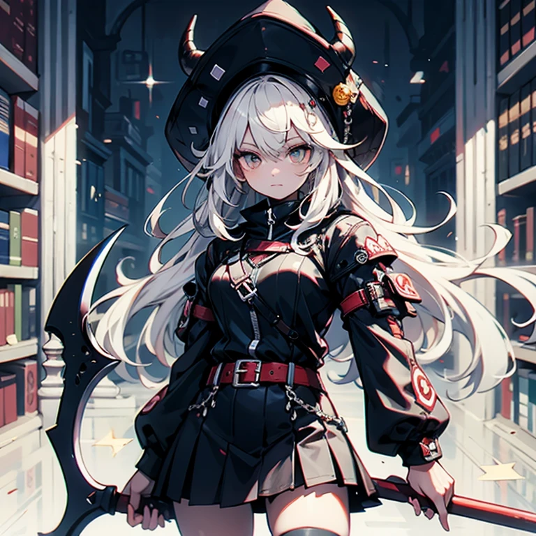 (masterpiece), best quality, highly detailed, A Magus girl with white hair holdding a magical scythe, witch hat, huge horn, frill short skirt, red and black outfit, scythe, magic light, background is library ,libraryai