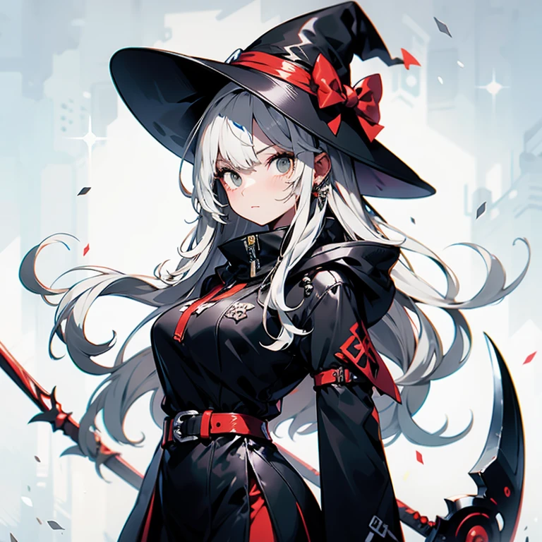 (masterpiece), best quality, highly detailed, A Magus girl with white hair holdding a magical scythe, witch hat, huge horn, frill short skirt, red and black outfit, scythe, magic light, background is library ,libraryai