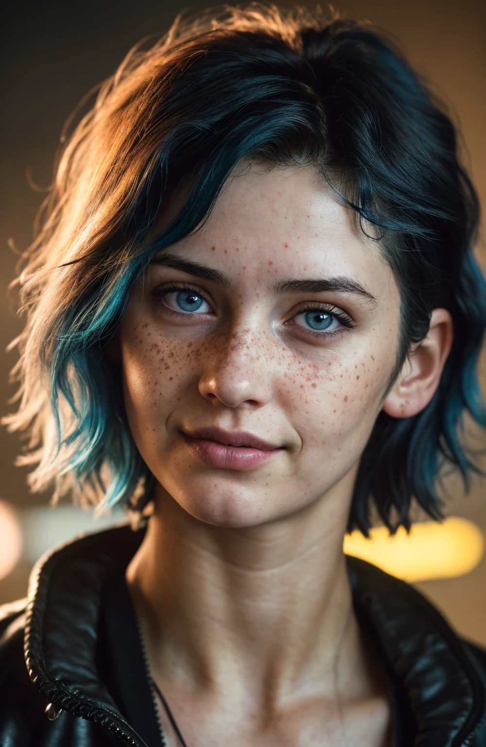 (close-up, editorial photograph of a 21 year old woman), (highly detailed face:1.4) (smile:0.7) (background inside dark, moody, private study:1.3) POV, by lee jeffries, nikon d850, film stock photograph ,4 kodak portra 400 ,camera f1.6 lens ,rich colors, hyper realistic ,lifelike texture, dramatic lighting , cinestill 800, wavy hair, messy hair, short hair, Mischievous smirk, Blue hair, Blue eyes, freckles, white skin, black shirt, yellow jacket from cyberpunk 2077, european woman, european skin, european expression, Athletic, masterpiece, Astral Plane