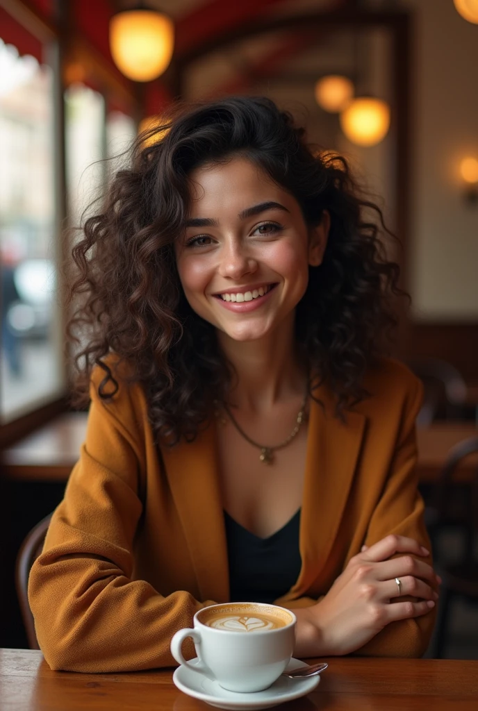 A Spanish girl , 18-age-old, beautiful girl ,in Madrid cafe, sitting pose, winter wears,(dark brown hair , brown eye, middle curl hair, smile ),noon ,(super detail, high details, high quality, accurate, anatomically correct, textured skin, beautiful fingers super detail, high details, high quality, best quality)